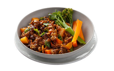 Beef and kale one pot served with steamed vegetables